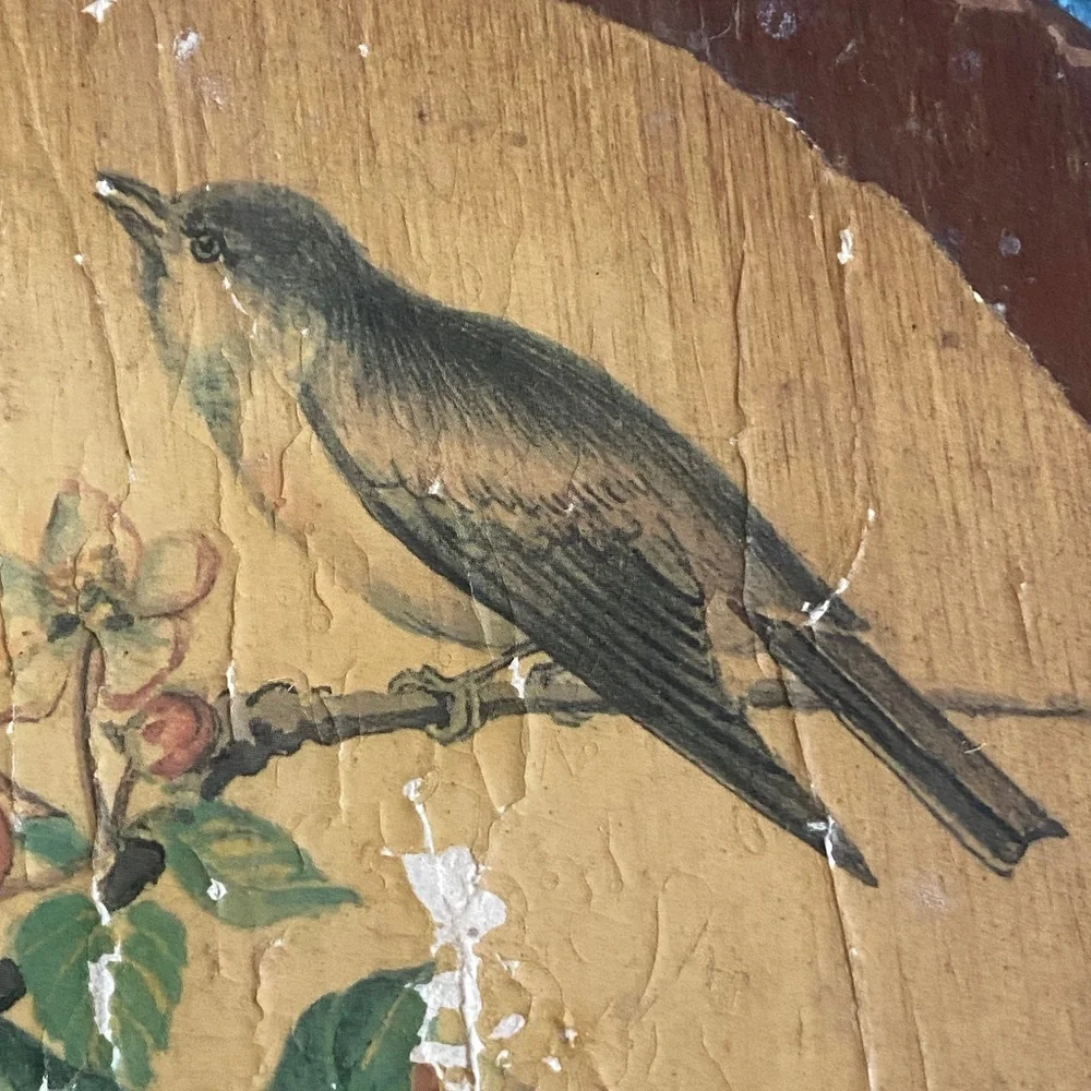 VTG I Long Handle Round Wood Hand Mirror Bird Dogwood Flowers